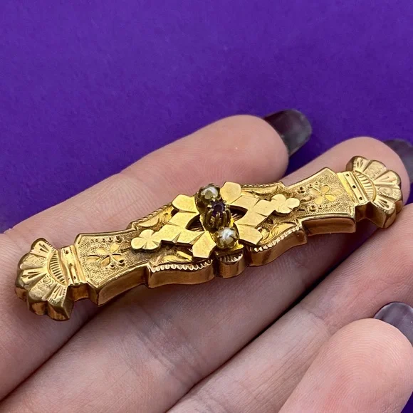 💛 Antique Gold Filled Ornate Seed Pearl & Paste Stone | Romantic Statement - Picture 4 of 9